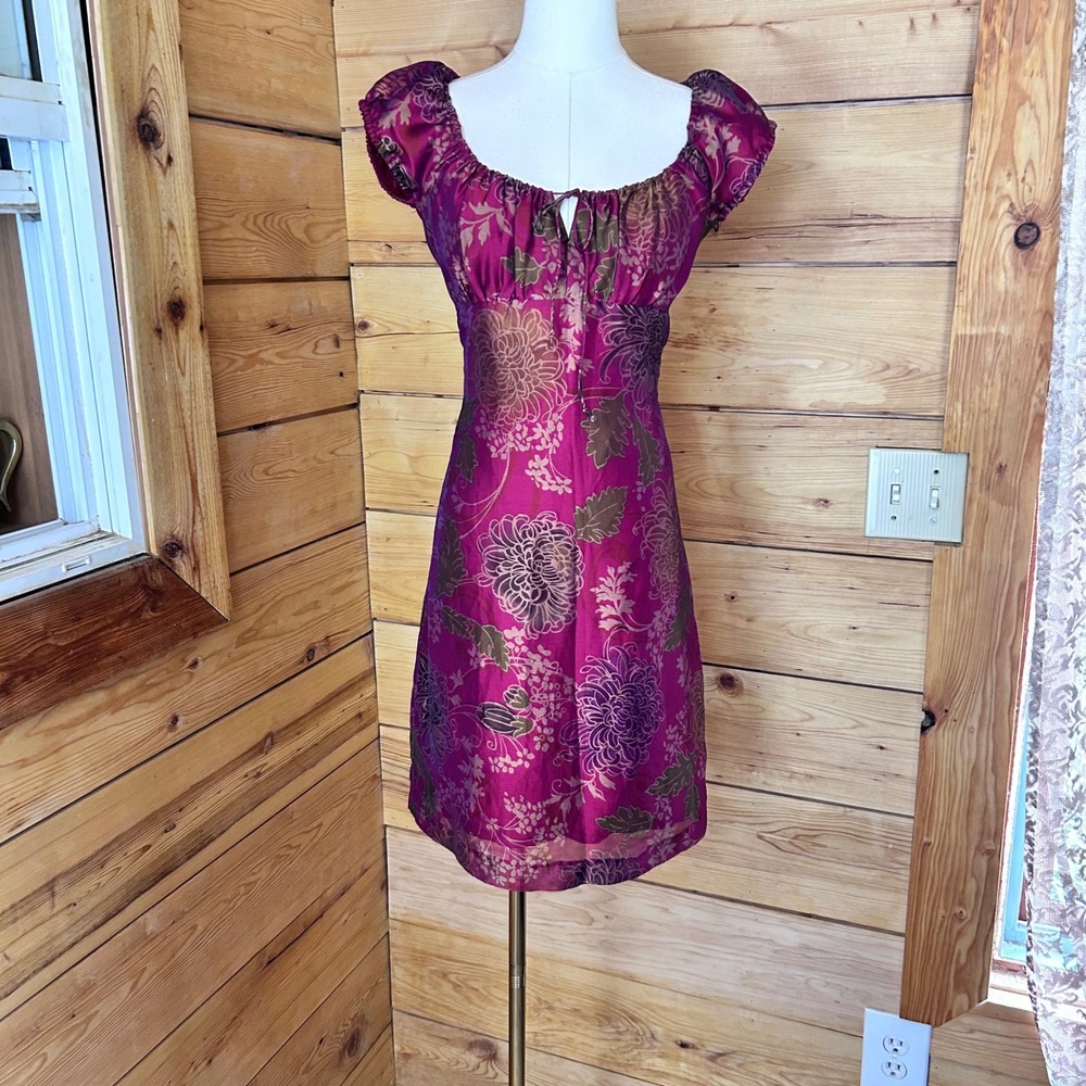 Vintage Anna Sui Milkmaid Dress Womens Size 2 Magenta Olive Floral Mesh Y2K Rare